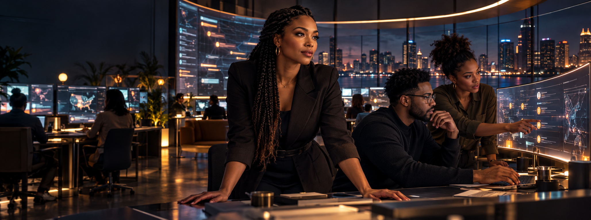A young Black customer-care director leading a refined operations room with two specialists