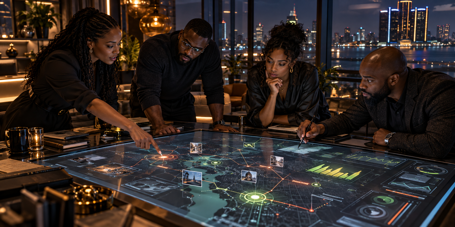 Four Black customer-care professionals collaborating around an incident-resolution table
